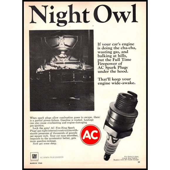 1968 AC Spark Plugs Vintage Print Ad Night Owl Mechanic Garage man Cave Wall Art - Picture 1 of 1